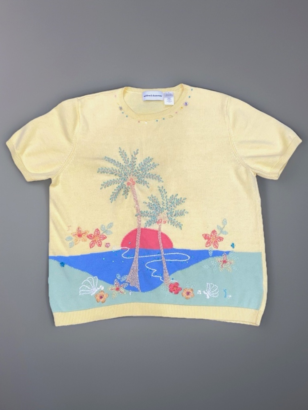 Alfred Dunner Beaded Sweater M Coastal Beach Palm Trees Sunset Floral